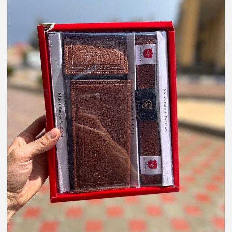 ست کادویی کمربند و کیف مردانه رنگ عسلی